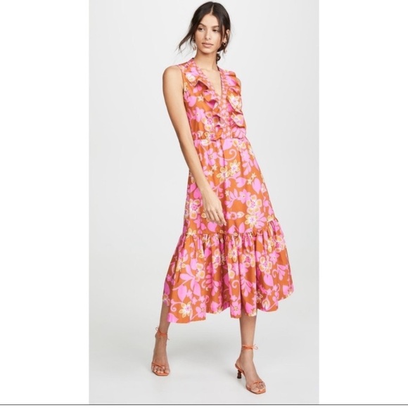 Warm Sierra Floral Pink Tiered Midi Dress Ruffle Trim Cotton Poplin Sz 1 - Picture 1 of 7